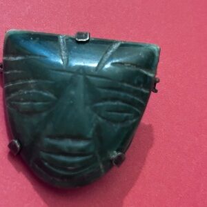 Vtg Mexican 925 Mask Hand Carved Green Onyx Brooch Pin -add matching earrings-